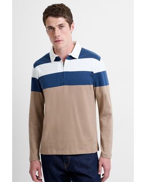 French Connection Cotton Striped ¼ Collared Long Sleeve Polo - Blue