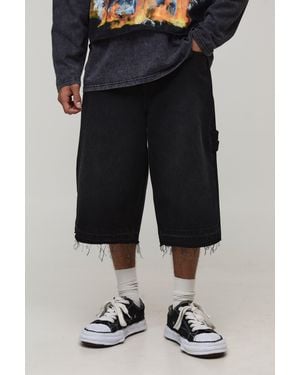 BoohooMAN Let Down Hem Double Carpenter Loop Overdye Denim Jorts - Black