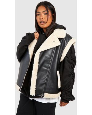 Boohoo Plus Teddy Trim Faux Leather Gilet - Black