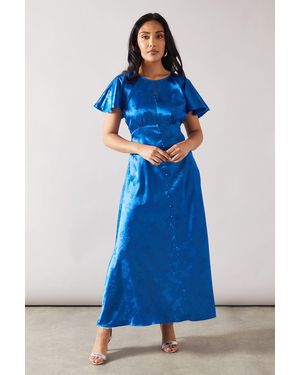 Wallis Petite Satin Jacquard Button Through Midaxi Dress - Blue