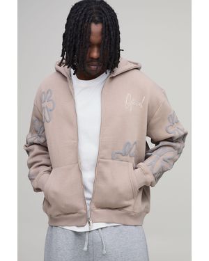 BoohooMAN Tall Oversized Boxy Floral Puff Print Zip Through Hoodie - Natural