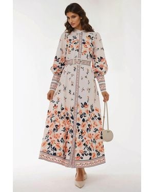 Hiccup Printed Long Sleeve Maxi Dress With Belt - White