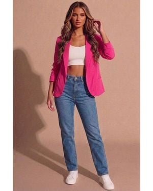 Femme Luxe Ruched Sleeve Tailored Open Front Blazer - Pink