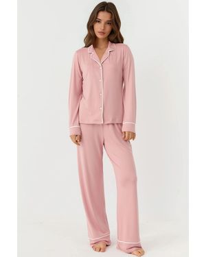 Hiccup Relaxed Fit Long Sleeve Extra Soft Touch Pyjama Set With Shirt Collar - Pink