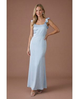 Oasis Ruffle Square Neck Satin Bridesmaid Maxi Dress - Blue