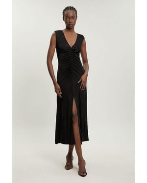 Karen Millen Plunge Neckline Viscose Crepe Ruched Front Dress - Black