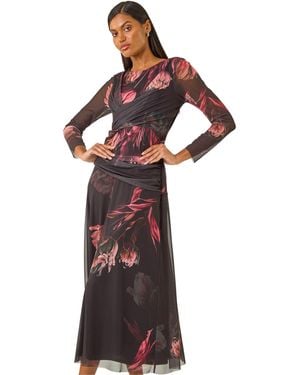 Roman Floral Mesh Stretch Maxi Dress - Red