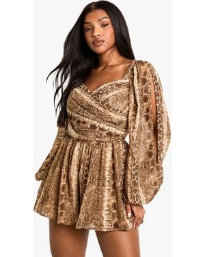 Boohoo Snake Print Split Sleeve Playsuit - Brown