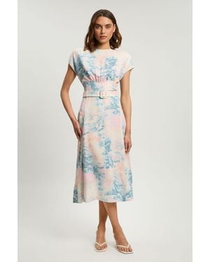 Karen Millen Scenic Print Contrast Topstitch Belted Midi Dress - Pink