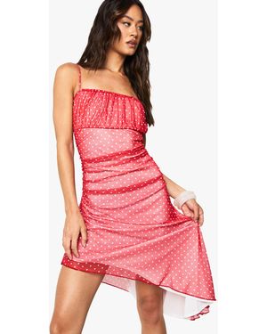Boohoo Tall Polka Dot Mesh Asymmetric Hem Mini Dress - Pink
