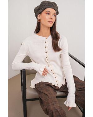 MixRay Frilly Ribbed Knit Cardigan - Natural