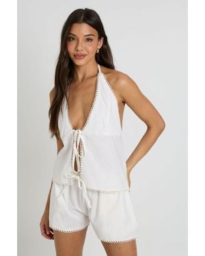 Boohoo Linen Look Halterneck Top And Shorts Set - White