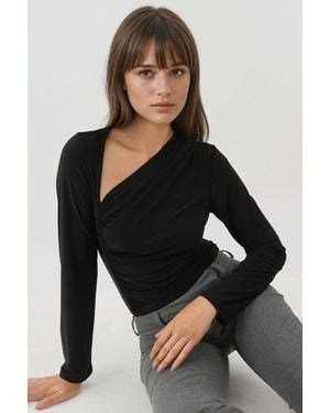 Hiccup Asymmetrical Collar Long Sleeve Soft Touch Knitted Top - Black
