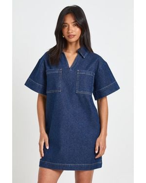 Boohoo Petite Boxy Short Sleeve Denim Dress - Blue