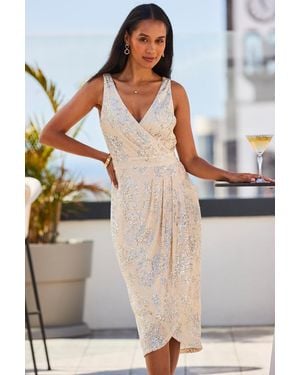 Sosandar Champagne Scattered Sequin Wrap Front Dress - Metallic