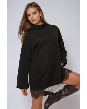 Hiccup Lace Detail Half Turtleneck Mini Dress - Black