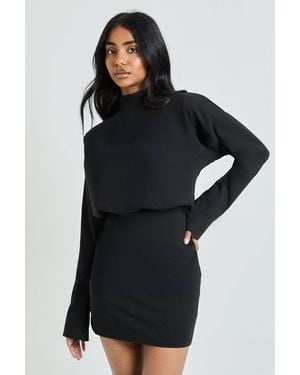Boohoo Long Sleeve Grown On Neck Blouson Mini Dress - Black