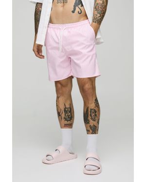 BoohooMAN Small Stripe Print Mid Length Swim Short - Pink