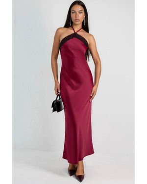 Hiccup Maxi Dress With Halter Collar And Lace Detail - Red