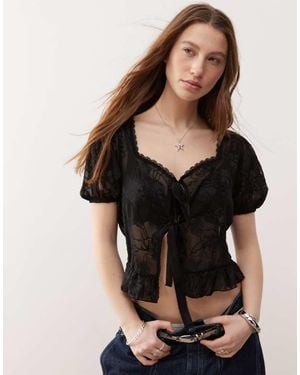 Reclaimed Vintage Cotton Lace Insert Tie Front Blouse - Black