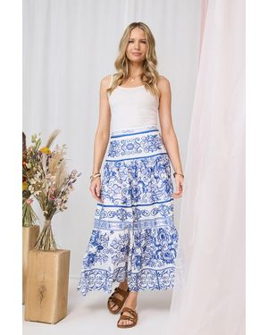 Izabel London Mosaic Print High Waist Tiered Maxi Skirt - Blue