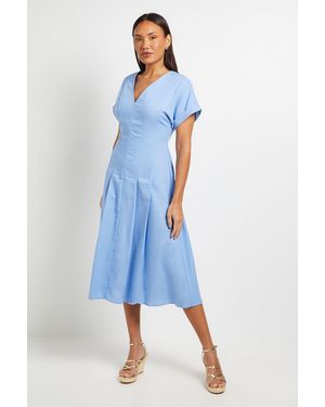 PRINCIPLES Linen Blend Pleat Detail Midi Dress - Blue