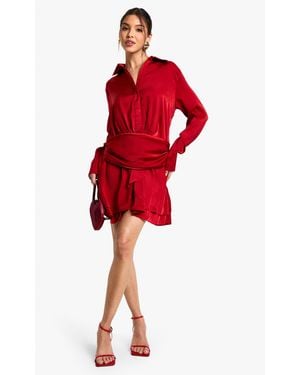 Boohoo Satin Ruched Shirt Dress - Red