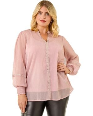 Roman Curve Shimmer Chiffon Blouse - Pink
