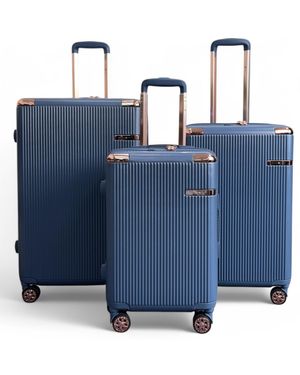 Infinity Leather Expandable Hard Shell 8 Wheels Luggage Travel Cabin Suitcase Set - Blue