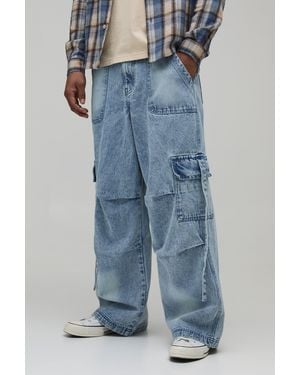 BoohooMAN Washed Cargo Baggy Fit Jeans - Blue