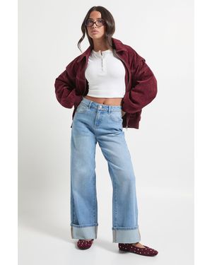 Boohoo Petite Turn Up High Waist Straight Leg Jean - Blue