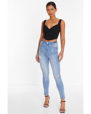 Quiz Denim Diamante Ripped Skinny Jeans - Blue