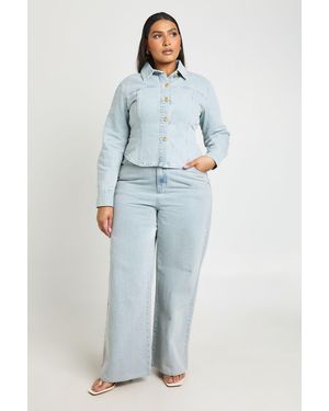 Boohoo Plus Button Wide Leg Jean - Blue