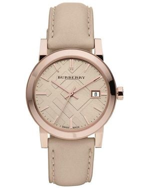 Burberry Bu9109 Rose Tone Check Dial Watch Leather - Metallic