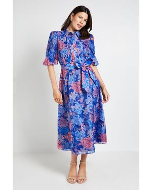 Wallis Floral Organza Pintuck Midi Shirt Dress - Blue