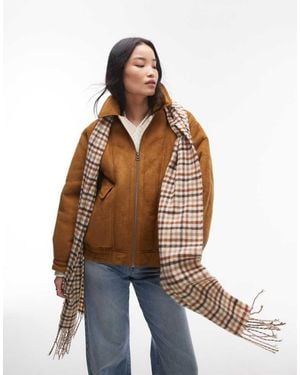 TOPSHOP Faux Suede Borg Bomber Jacket - Brown