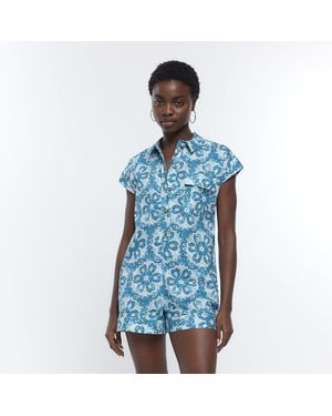 River Island Playsuit Aztec Short Sleeve Cotton - Blue