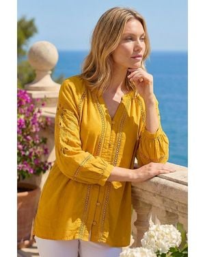 Roman Embroidered Sleeve Cotton Blouse - Orange