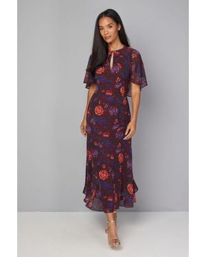 Wallis Floral Cape Sleeve Midi Dress - Red