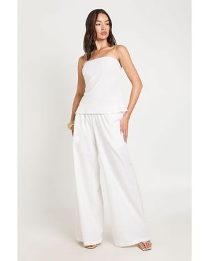 Boohoo Linen Look Bandeau & Wide Leg Trouser Co-Ord - White
