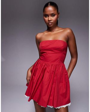 Kaiia Exclusive Cotton Rich Poplin Bandeau Contrast Lace Hem Mini Skater Dress - Red