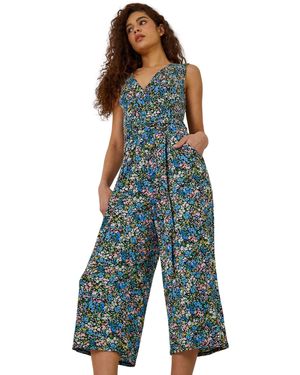 Roman Sleeveless Floral Print Stretch Jumpsuit - Blue