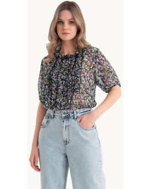 Hiccup Floral High Neck Semi-Sheer Blouse - Multicolour