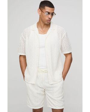 BoohooMAN Oversized Drop Revere Open Weave Shirt & Short Set - White