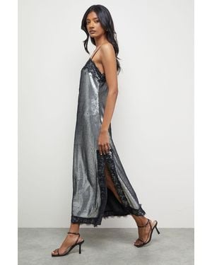 Warehouse Sequin Lace Trim Square Neck Midi Slip Dress - Metallic
