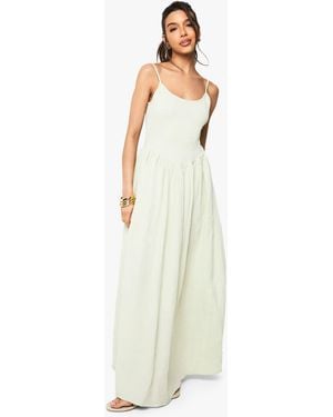 Boohoo Crinkle Cotton Shirred Strappy Maxi Dress - White