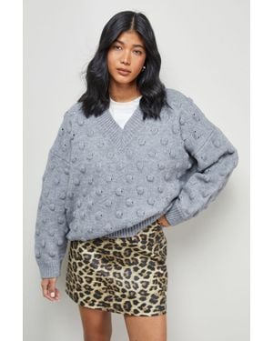 Warehouse Bubble Knit Slouchy V Neck Jumper - Grey