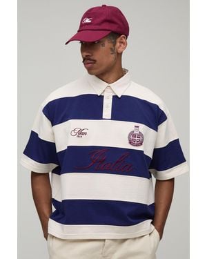 BoohooMAN Oversized Boxy Half Sleeve Italia Embroidered Stripe Rugby Polo - Blue