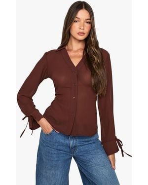 Boohoo Chiffon Tie Cuff Cinch Waist Blouse - Red