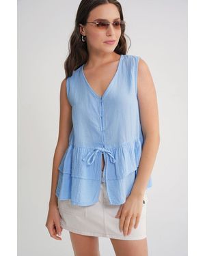 MixRay V-Neck Buttoned Cotton Blouse - Blue
